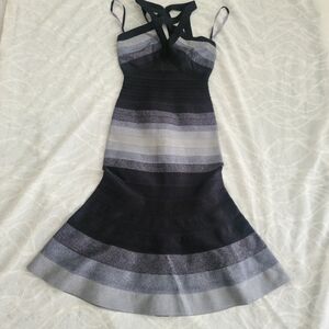 Herve Leger Black and Gray Striped Bandage Maxi Dress